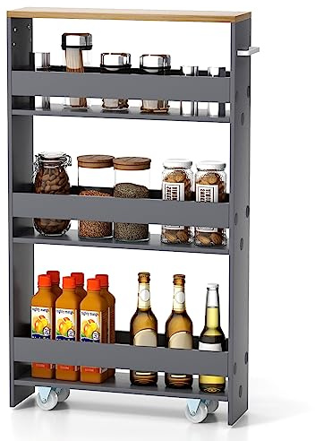 GYMAX Carrelli Portaoggetti a 4 Ripiani, Carrello con Ruote Salvaspazio con Maniglia, Carrello a Scaffale Slim Stretto in Legno per Cucina, Bagno, Lavanderia, 47,5 x 13 x 80,5 cm (Grigio+Naturale)