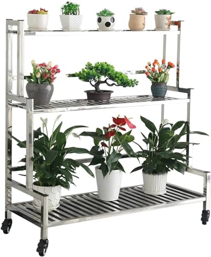 3 Stufe Blumentreppe Edelstahl Tiered Pflanzenständer Pflanzentreppe Blumentopfständer Display Pots Halter Pflanzenständer Blumenbank für Indoor Outdoor Garden Terrasse Treuhhouse (120x40x106cm)