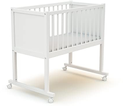 AT4 - Baby Wiege bett Holz mit rollen CONFORT 40 x 80 cm Weiß| 86 x 58,5 x 80 cm | Babybett mit Matratze inklusive 40x80x5cm | 4 multidirektionale Räder | Leicht zu bewegen