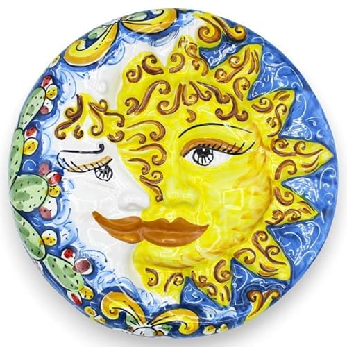 SICILIA BEDDA CAPACI Eclissi, Sole e Luna in Ceramica Caltagirone - Ø 25 cm ca. con Decoro Barocco e ficodindia su Fondo Blu