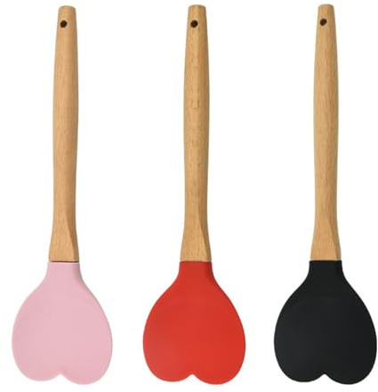 hobbyme 3 cucchiai in silicone con manico in legno a forma di cuore, multiuso, antiaderenti, utensili da cucina per cuocere, cucinare, mescolare, raschiare e mescolare
