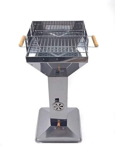 Säulengrill mit 3-fach höhenverstellbarem Grillrost, mit 2 Haltegriffen, Windschutz und Ascheschublade, rostfreier Edelstahl