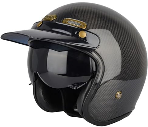 Fibre de Carbone Vintage Casque Moto Jet avec Visière Casque à Face Ouverte pour Homme et Femme Demi-Jet Casque Scooter ECE Homologué Adultes Casques Jet Moto Vintage 3,XXL=63~64cm