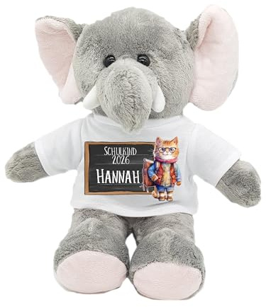 Kilala Personalisierter Elefant-Kuscheltier zur Einschulung 2025 – Kuscheliger Begleiter mit T-Shirt und Name – Perfekt für die Schultüte, Sitzhöhe 21 cm (Katze)