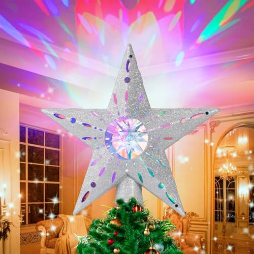 Quntis Étoile de Sapin Noël avec Projection Rotative Stéréoscopique 3D et Lumières Eblouissantes pour Décoration de Sapin de Noël Étoile Cadeau - Argenté