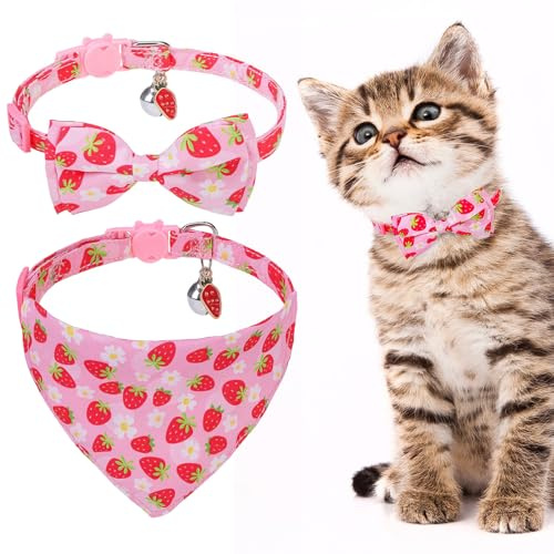 EXPAWLORER Breakaway katthalsband med klocka – 2-pack söt katthalsband med avtagbar rosett och bandana för flicka pojke, justerbara säkra kattungar halsband med hängen, jordgubbe