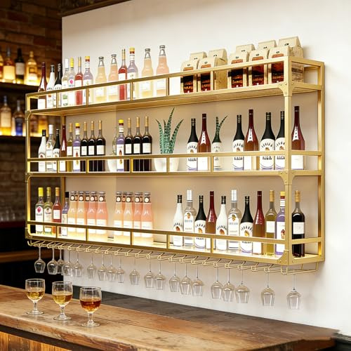 amhricho Weinregal Wand, 3 Ebenen Wand-Weinregale mit Glashalter, Multi funktionaler Weinpareite Display Rack,Weinflaschenhalter Wandmontage, für Zuhause, Bar, Küche, Restaurant (GOLD, 120*25*90cm)