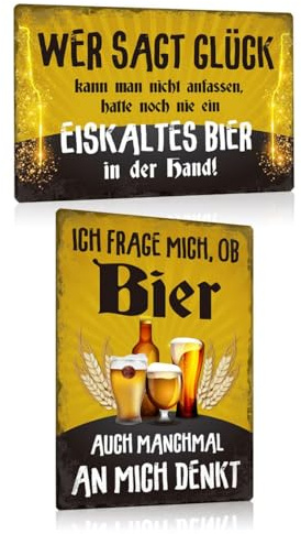 2ER BIER SCHILD SET 20X30cm - Retro Blechschild Bar mit Spruch Lustig - Kneipen Metallschild Wandschild Wand-deko für Theke Partyraum Kellerbar Partykeller Hobbyraum - Geschenk für Männ Papa (SET A)