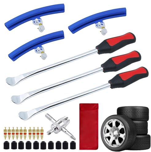30 cm Motorcycle Tyre Levers Metal Spoons Pry Bars Curved Tire Iron Manual Tyre Changer Bead Breaker Removal Repair Tool Kit for E Scooter Car Bike, 3 Rim Protectors, 10 Valve Cores and 15 Caps
