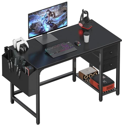 Lufeiya Black Computer Desk with Fabric Drawers, Reversible Gaming Desk 100cm for Small Space Home Office, Modern Simple Study Writing Table PC Desks for Bedroom