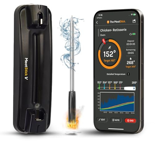 MeatStick V Wireless Meat Thermometer, 650°C Heat Resistance, Unlimited Range WiFi & Bluetooth, Digital Probe for Grilling, Smoking, Sous Vide, BBQ, Air Fryer, Oven, Smoker, Kitchen Cooking
