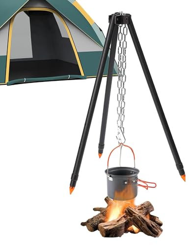 Trípode de camping para cocinar, trípode de camping al aire libre con parrilla, soporte de trípode para parrilla, trípode de fuego resistente | Trípode ajustable para acampar al aire libre para