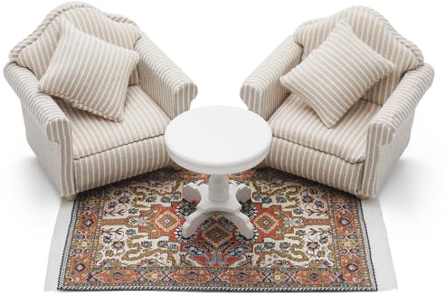 Odoria Puppenhaus Beistelltisch Miniatur Sessel: 4Stk 1/12 Maßstab Khaki Sofa Teppich Weiß Couchtisch für Vintage Antik Wohnzimmer Büro Schlafzimmer Retro - Mini Möbel Holz Tisch mit Teppichboden