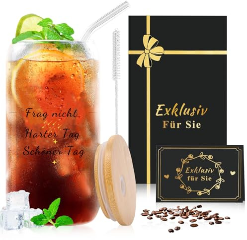 CIGAA Geschenk für Frauen - Becher mit Deckel und Strohhalm, A-Z Buchstaben Personalisiertes Trinkglas zum Geburtstag, Glasbecher mit Reinigungsbürste für Kaffee Cocktails (500ml) (Schönen Tag)