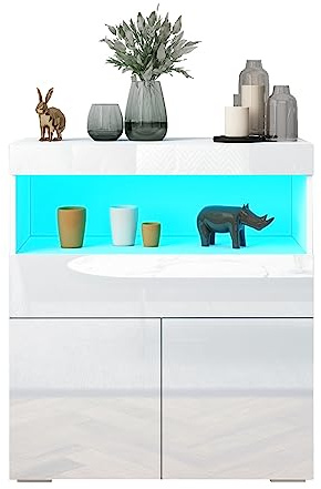 Hochglanz-Sideboard mit 2 Türen Schublade Regal und LED-Beleuchtung Weiß | 16 Farbmodi & Dimmerfunktion, Aufbewahrungsschrank für Wohnzimmer, Esszimmer, 80x35x90cm