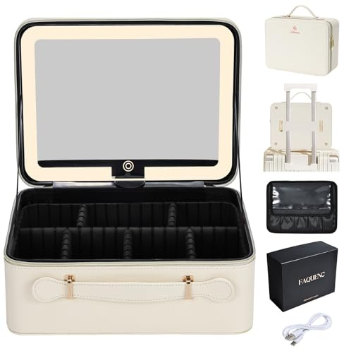 Mallette de maquillage extra large avec miroir LED - Miroir lumineux - Portable - Boîte de rangement pour maquilleur avec séparateurs - Support pour pinceaux de maquillage - Blanc, Cuir Blanc