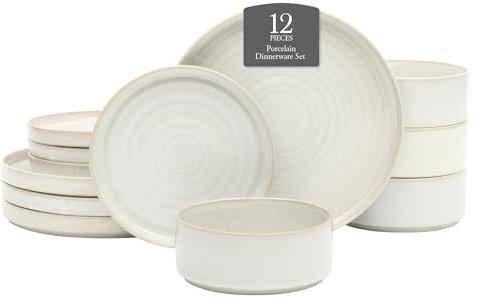 Gibson Elite Echo Bay 12 Piece Porcelain Reactive Glaze (Service for 4) Ceramic Plates and Bowls Modern Stackable Dinnerware Set - White