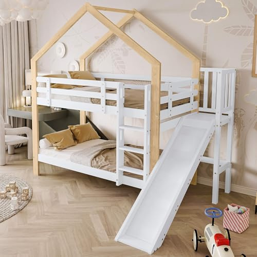 HYUB Lit superposé, pour enfant, 90 x 200 cm, avec toboggan et protection anti-chute, sommier à lattes et échelle, cadre de lit en bois de pin, blanc