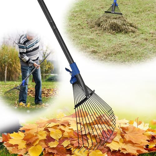 Rastrillo de hojas ajustable, rastrillos de jardín de mango largo de 53 pulgadas para hojas de césped con cabeza expandible de 8 a 17 pulgadas, rastrillo de patio para mujeres y niños, para jardinería