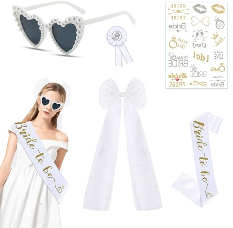WanderGo 5-Teiliges JGA Accessoires Set für Frauen- Brautschleier, Bride to Be Schärpe, Herz-Sonnenbrille, Blume Sticker Junggesellinnenabschied Deko für Brautparty Hochzeit
