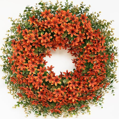 26 Fall Wreath for Front Door, Porch, Window - Large Artificial Eucalyptus Leaves with Fake Silk Flowers Outdoor Wreath Faux Boxwood for Home Farmhouse Harvest Festival Thanksgiving Day Autumn Decor
