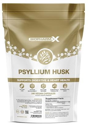 Psyllium Husk Capsules 1400mg per Serving (240 Vegan Capsules) Natural High Fibre Supplement for Constipation Relief & Healthy Digestion, Gut Health/High Fiber Source