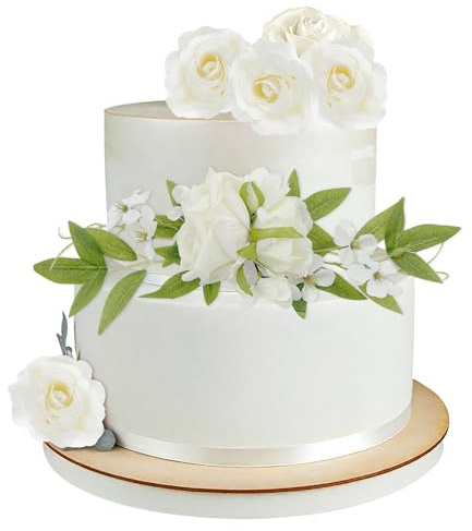 5PCS Rose Wreath Cake Topper Decoration,White Flowers Cake Decorations for Wedding Birthday Baptism Party Topper Flower Arrangements