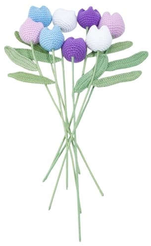 CRAFTYMELODY 8 Ramo de Tulipanes artificiales de ganchillo 4 colores de poliéster hecho a mano rosas moradas azules y blancas para decoración de interiores