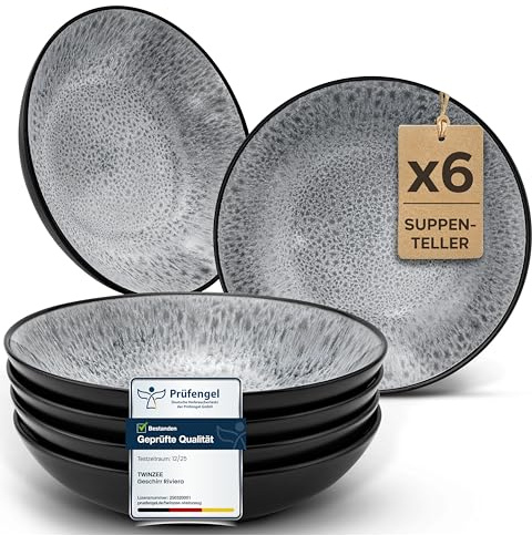 Twinzee Vajillas Completas 6 Personas de Gres Perla Resistente - 6 Platos Hondos estilo Riviera - Apta microondas