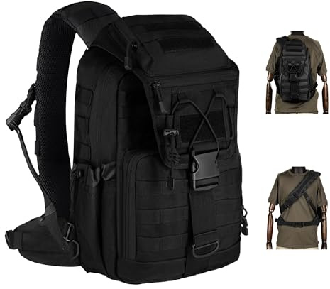 MANETTA Taktische Umhängetasche, Große Schultertasche mit abnehmbarem Hüftgurt, Crossbody EDC Tasche, Daypack mit Molle System, Rucksack für Reisen, Angeln, Wandern und Trekking (BLACK PRO MAX)