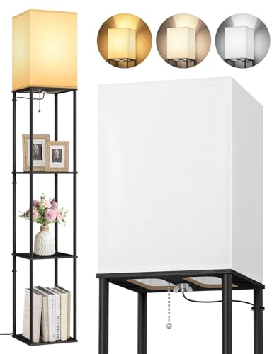 OUTON 3 Layers Floor Lamp with Shelves, Modern Standing Lamp with Wood Shelf, Tall Bookshelf with 3 Color Temperatures, Dimmable LED Reading Lamp for Living Room, Bedroom, Office, Black & Square