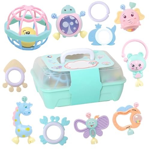 11 sonagli per bambini, sonagli, set di massaggiagengive con scatola portaoggetti, giocattolo per neonati, giocattolo sensoriale a partire da 0 a 12 mesi, Montessori, giocattolo regalo per ragazzi e
