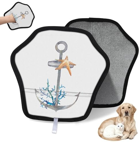 WowPrint Wasserfarben-Anker-Korallen- und Seestern-Haustierhaarentfernungshandschuh für Katze und Hund, Anker, wiederverwendbar, elektrostatische Tierhaar-Handschuhe, Bürstenwerkzeug für Couch