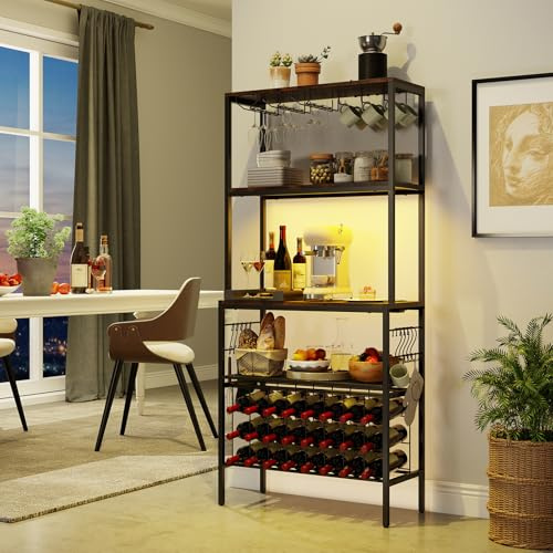 GOPLUS Range Bouteille 75x33x165 CM avec Multiprise USB-C/A, Casier à Bouteilles Industriel 24 Cases à Vin, 3 Étagères, 8 Crochets, Rangement Casier à Vin, Cuisine, Salon, Bar, Charge 70 KG
