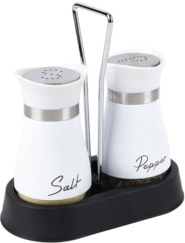 Juego de salero y pimentero con soporte, juego de 2 saleros y pimenteros blancos y botellas de vidrio, dispensador de sal, bodega para cocina, cocina, camping (blanco)