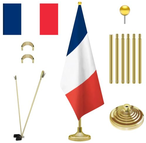 NQ 2.4M Ensemble Mât et Socle pour Drapeau d'intérieur, Kit Mât de Drapeau en Acier Inoxydable avec Drapeau Français, pour Bureau, Salle de Réunion, Hall et École (Doré)