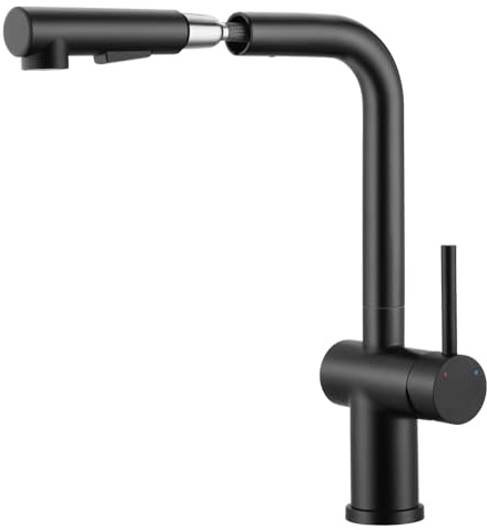 BONADE Niederdruck Armatur Küche, Wasserhahn Küche Ausziehbar mit Zwei Wasserstrahlarten, 360° Küchenarmatur Niederdruck mit Brause, Edelstahl Spültischarmatur in Mattschwarz für Boiler