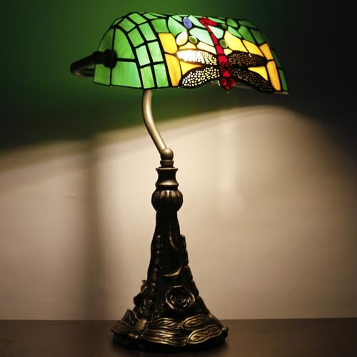 SYETL Tiffany Banker Lamp Small Stained Glass Table Lamp Tiffany Style Piano Light Green Dragonfly Style Desk Lamp Angle Adjustable 10.6X15.7 Inch for Home Office Living Room Bedroom