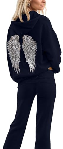 Angel Hoodie Survêtement Ensemble Femme Pantalon et Sweat a Capuche avec Ailes d'ange en Strass et Poches Ensemble Jogging Doublée de Fourrure Deux Pièces Survêtement Sport Femme Chaud Sportwear