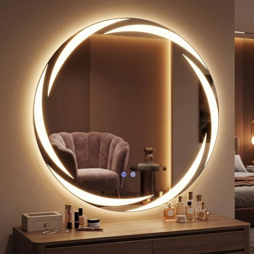 COSTWAY Specchio da Bagno con LED Rotondo 80 cm, Specchio da Parete Retroilluminato Dimmerabile con Vetro Temperato Antideflagrante, Luci a 3 Colori e Antiappannamento, IP44 (80 x 80 cm)