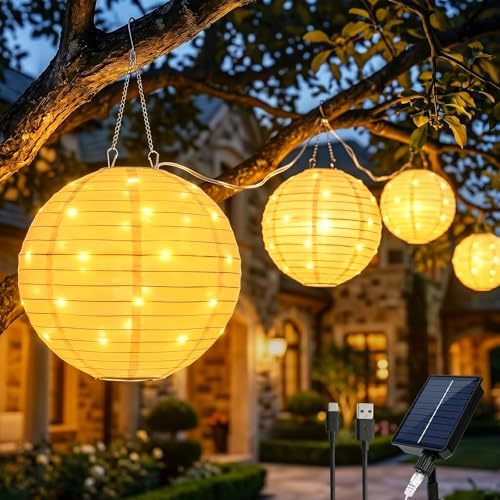 4,5M 160LED Solar Lampions Lichterkette Außen, 1200mAh IP65 Wetterfest Solar Lichterkette Outdoor mit 4er 30CM/40LED Lampions, 8 Modi Groß Laternen Solarlampen für Aussen Balkon Garten Terrasse Deko