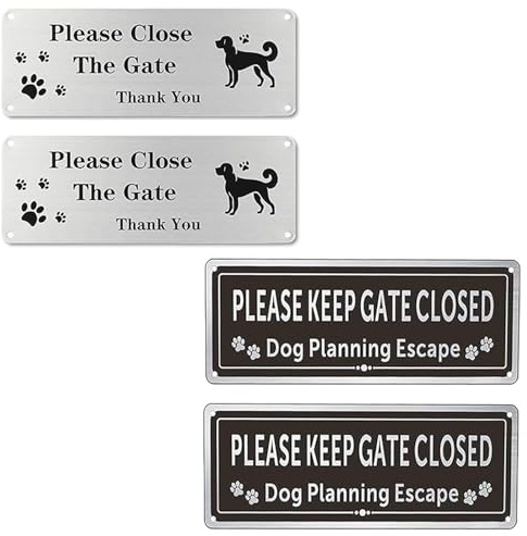 4 Pack Please Close The Gate Sign Dog, 25×9 cm Eye-catching Dog Signs for Gates, 2 Style Close The Gate Sign, Black with Holes Please Shut The Gates Signs, for Home, Garden, Outdoor, Wall