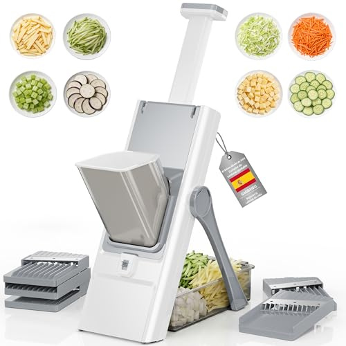 Mandolina segura 5 en 1, Cortador de verduras y cortador de patatas con cuchillas desmontables | Crea rebanadas, dados, tiras, rallado | Apta para lavavajillas, fácil de limpiar (Gris)