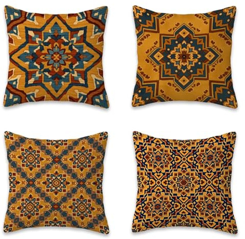 Kuddfodral i orange färg 55 x 55 cm set med 4, utomhuskuddar, vattentätt linne, fyrkantiga soffkuddar med osynlig dragkedja, dekorativa kuddar för trädgård, uteplats, soffa, vardagsrum, mandala L-G165