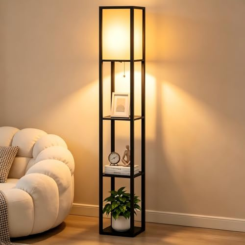 ARTETHYS Floor Lamp with Shelves, Standard Tall Lamps for Living Room | Standing Lamps with LED Bulb, 3-Tier Storage Shelf, Modern Wooden Lamp for Bedroom, Home Office, Black