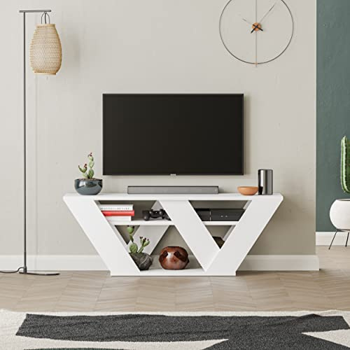 HOCUS PICUS Modern TV Unit up to 42 inch TV's | 110×30×40 cm | Minimalist Living Room TV Stand with 2-Tier Open Storage | Diagonal Design Media Console (White)