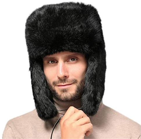 KAISHIN Unisex Winter Vollfell Kaninchenfell Bomber Hüte Russische Ushanka Fliegermützen für Männer Frauen Baumwolle Layer Ski Hüte (XL, Schwarz)