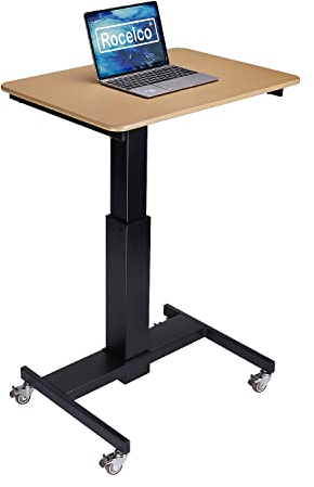 Rocelco 71,1 cm höhenverstellbarer mobiler Schul-Stehschreibtisch – schnelles Sitzen Stehen Zuhause Computer Workstation – Gasdruckfeder Assistent Büro Laptop Riserwagen – Holzmaserung (R MSD-28)