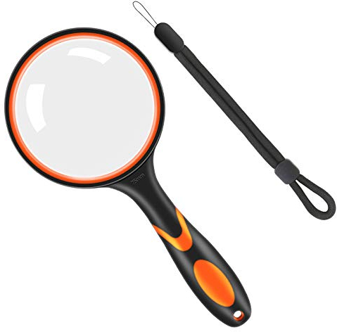 Vicloon Lupe, 10X Leselupe Handheld Lupe, 75mm Handlupe Hohe Klarheit Lupe für Senioren Kinde Vergrößerungsglas mit Lanyard und Weichgummigriff Handleselupe für Zeitungen, Lesen, Insekten - Orange