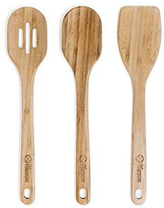 Chef Pomodoro Utensilios de Cocina Madera | Set de 3 Piezas Utensilios Cocina Bambú | Paleta Cocina Grande 31 cm, Cuchara Madera y Cuchara con Orificios | Set Menaje de Cocina